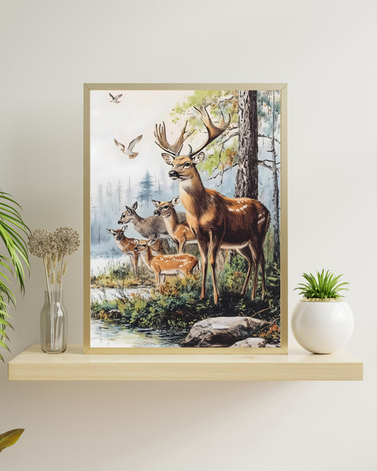 Vintage Deer Family Art Print, Rustic Forest Scene with Stag & Fawns, Cabin Decor Wall Art, Traditional Wildlife Painting, Digital Download