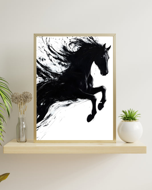 Abstract Black Horse Art Print, Dynamic Equine Ink Splatter, Modern Minimalist Wall Art, Black and White Powerful Animal Decor, Digital Download