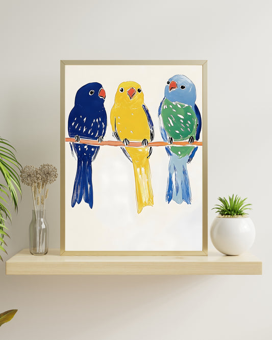 Three Colorful Birds Art Print, Modern Whimsical Parrots, Cheerful Blue and Yellow Wall Decor, Nursery & Kids Room Art, Digital Download