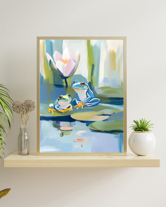 Whimsical Frog Art Print, Two Frogs on Lily Pad, Cottagecore Pond Life Painting, Nursery Wall Decor, Digital Download