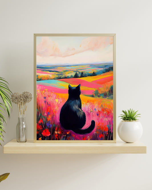 Black Cat Landscape Art Print, Colorful Field Painting, Whimsical Cat Wall Decor, Vivid Landscape Art, Digital Download
