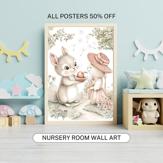 Vintage Woodland Animal Print, Storybook Nursery Wall Art, Squirrel & Bunny Friendship Poster, Cottagecore Decor, Printable, Digital Download