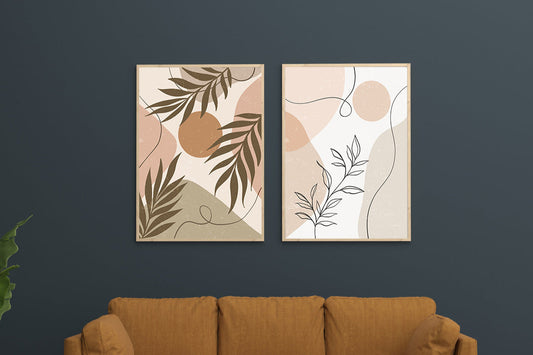 Boho Botanical Print Set, Abstract Palm & Line Art Duo, Terracotta & Neutral Wall Decor Mockup, Modern Living Room Art, Digital Download Display
