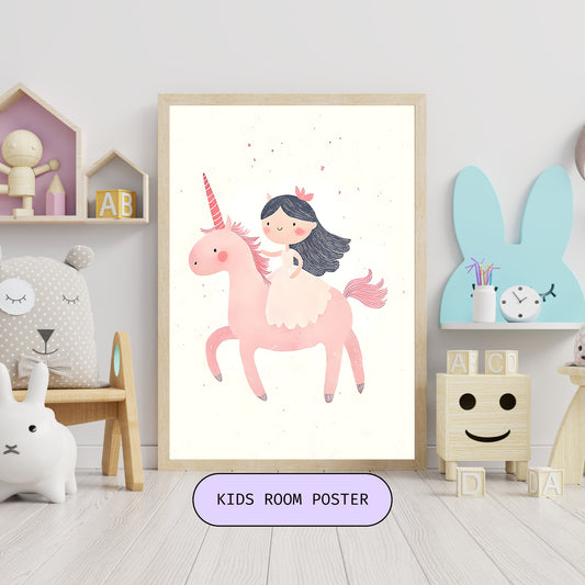 Princess and Unicorn Print, Fairy Tale Nursery Decor, Pink Girls Room Wall Art, Magical Storybook Poster, Toddler Room Art, Instant Download