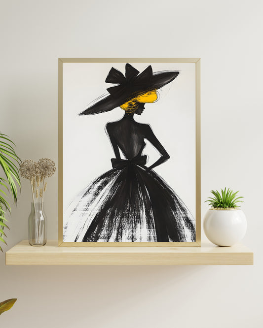Fashion Illustration Print, Woman in Black Dress Wall Art, Glamorous Yellow Accent Decor, Chic Sketch Style Poster, Digital Download