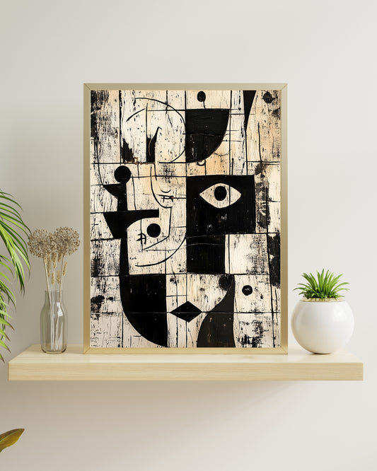 Miro Inspired Abstract Print, Black and White Textured Wall Art, Picasso Style Cubist Figure, Modern Surrealist Poster, Digital Download