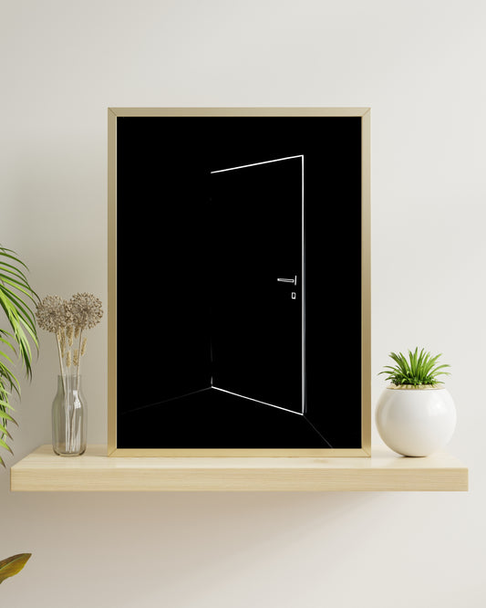 Minimalist Door Print, Black and White Abstract Wall Art, Conceptual Art Poster, High Contrast Decor, Mystery & Opportunity, Digital Download