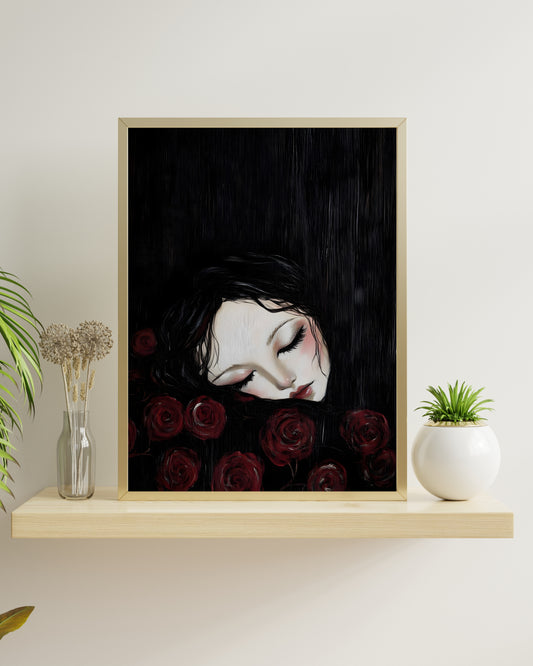 Sleeping Woman with Roses Art Print, Dark Feminine Portrait, Gothic Romance Wall Decor, Dreamy Moody Illustration, Digital Download