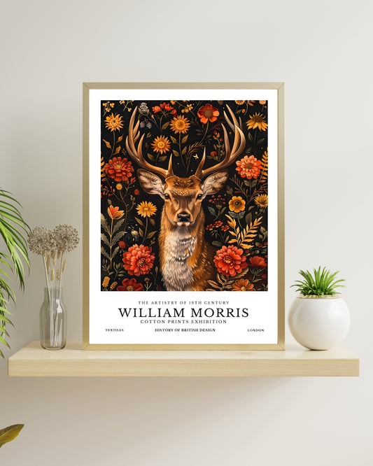 William Morris Exhibition Poster, Deer and Flowers Art Print, Dark Botanical Wall Art, Maximalist Decor, Arts and Crafts Movement, Digital Download