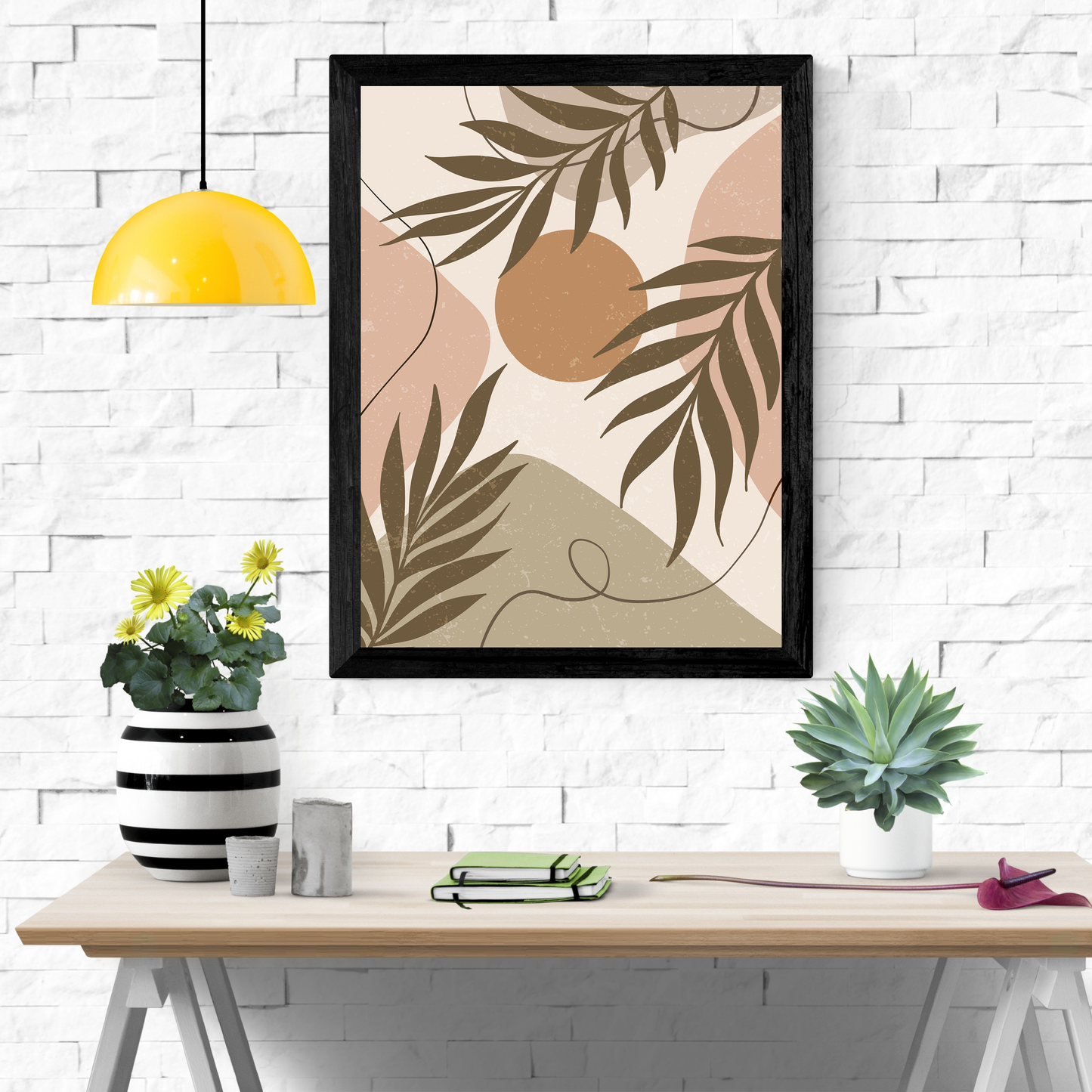 Boho Botanical Print, Abstract Palm Leaves Wall Art, Terracotta Sun, Earthy Tones Decor, Minimalist Printable Art, Digital Download