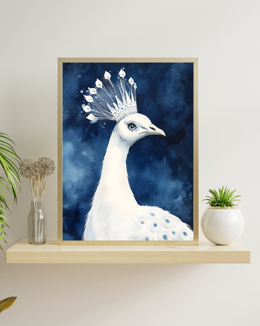 White Peacock Art, Peacock with Crown, Royal Bird Print, Watercolor Painting, Indigo Blue Wall Art, Elegant Home Decor, Digital Download USA, Majestic Animal Art, Printable Wall Art, Sophisticated Decor, Blue and White Art, Royalcore Aesthetic, Light Academia, Queenly Wall Decor, Serene Art Print, Graceful Bird Illustration, Peacock Portrait, Peafowl Painting, Fine Art Digital, Instant Download, Bedroom Wall Art, Living Room Decor, Office Wall Art, Powder Room Art, Bathroom Decor, Gift for Her, Unique Weddi