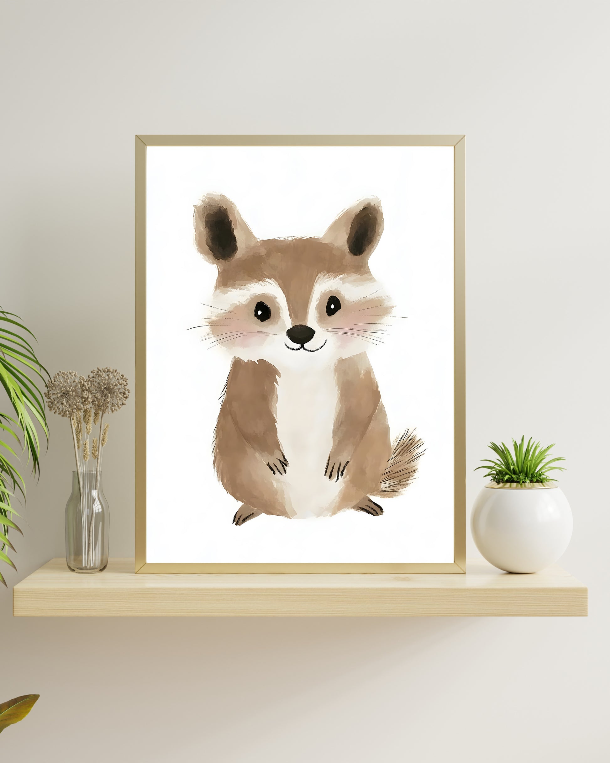 A cute watercolor painting of a friendly baby raccoon with big eyes and a blush, designed for a woodland themed nursery wall art print.