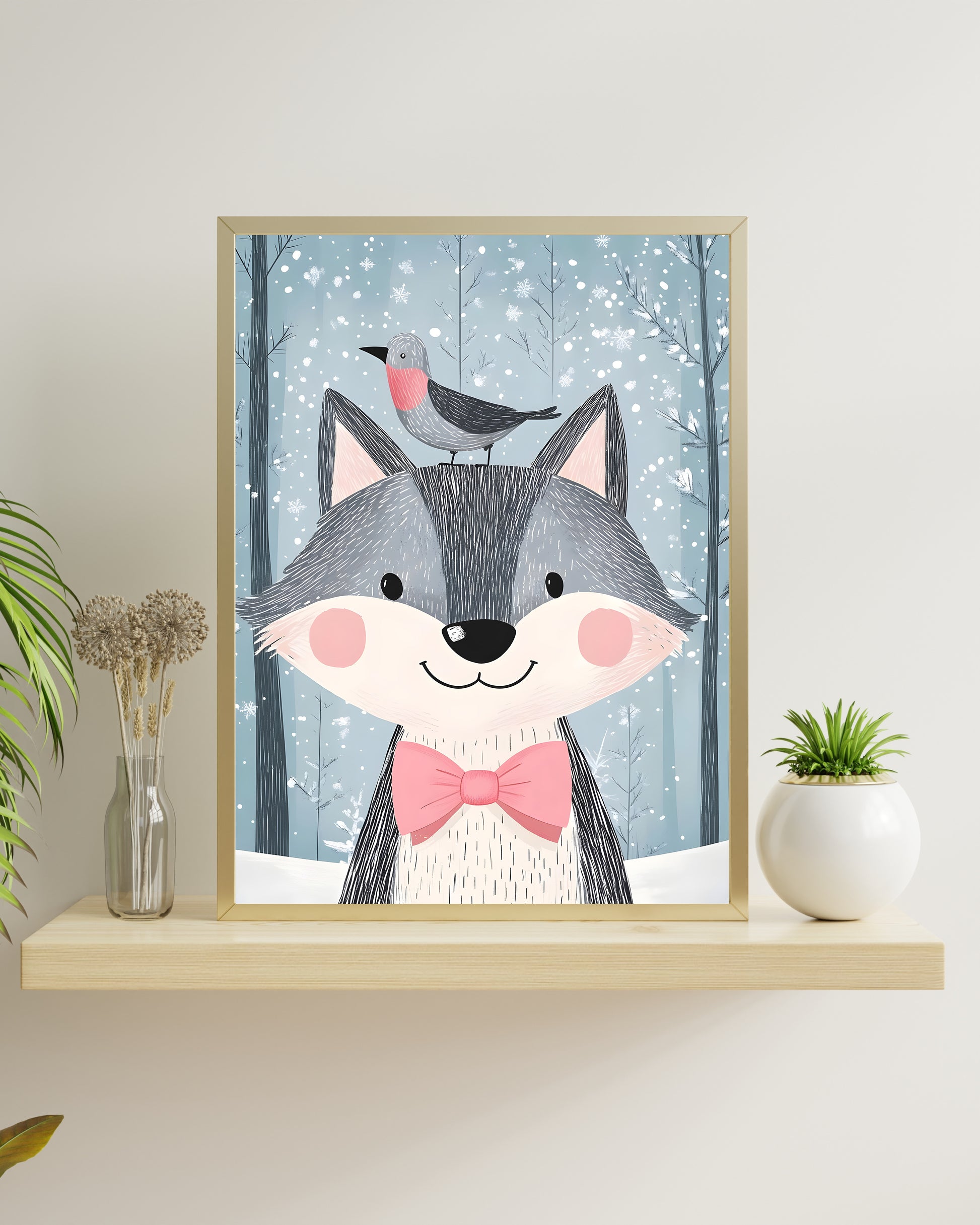 A cute illustrated art print of a smiling grey wolf wearing a pink bow tie with a small bird on its head, set in a snowy winter forest. For a woodland nursery.