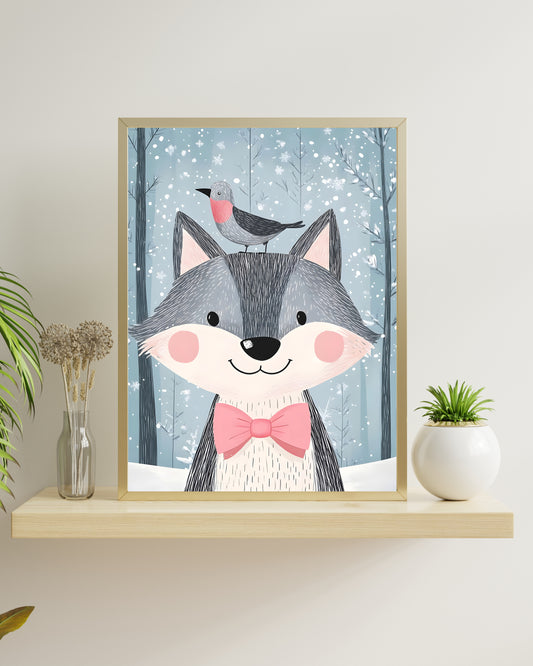 A cute illustrated art print of a smiling grey wolf wearing a pink bow tie with a small bird on its head, set in a snowy winter forest. For a woodland nursery.