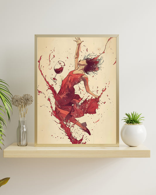 An expressive art print of a woman in a red dress dancing joyfully, surrounded by splashes of red wine from a tipping glass. For kitchen or bar wall decor.
