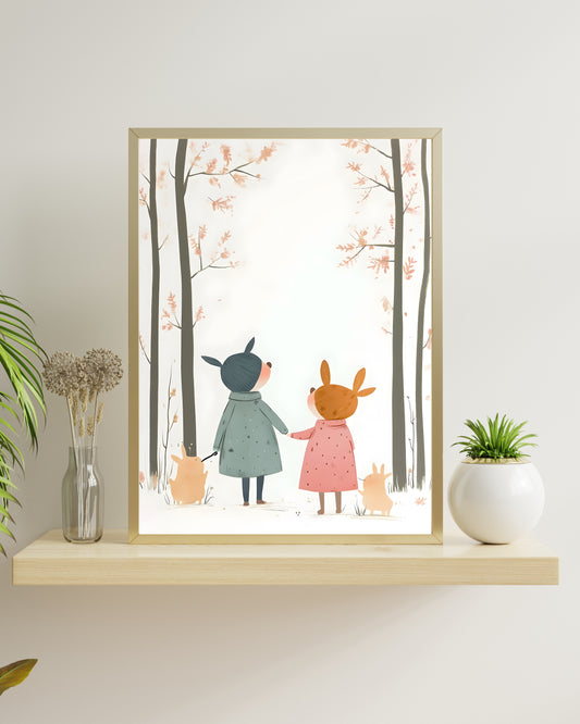 A whimsical art print of two best friends, one in a blue coat and one in a pink dress, holding hands and walking their dogs in a minimalist forest. For a nursery or kids' room.