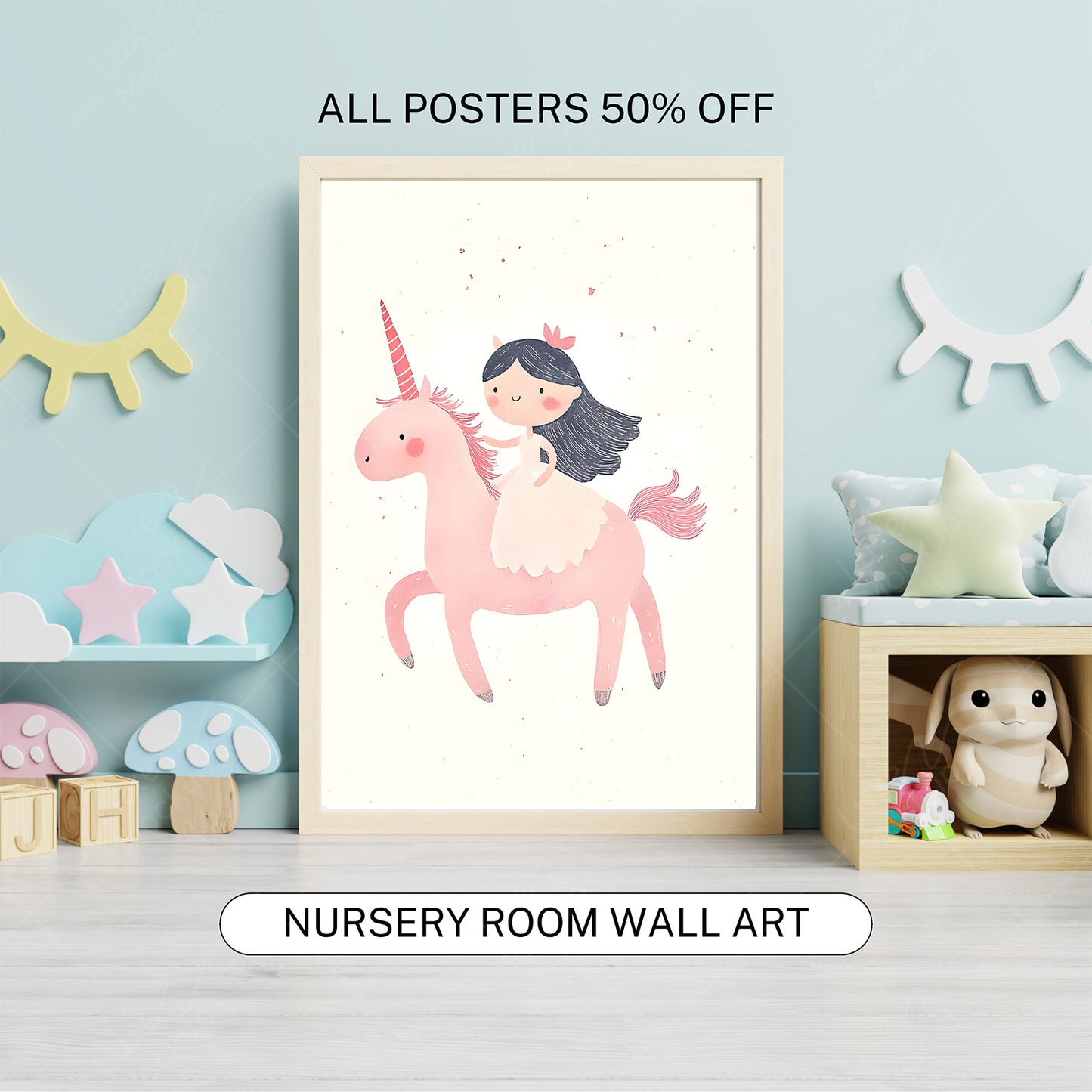 Princess and Unicorn Print, Fairy Tale Nursery Decor, Pink Girls Room Wall Art, Magical Storybook Poster, Toddler Room Art, Instant Download