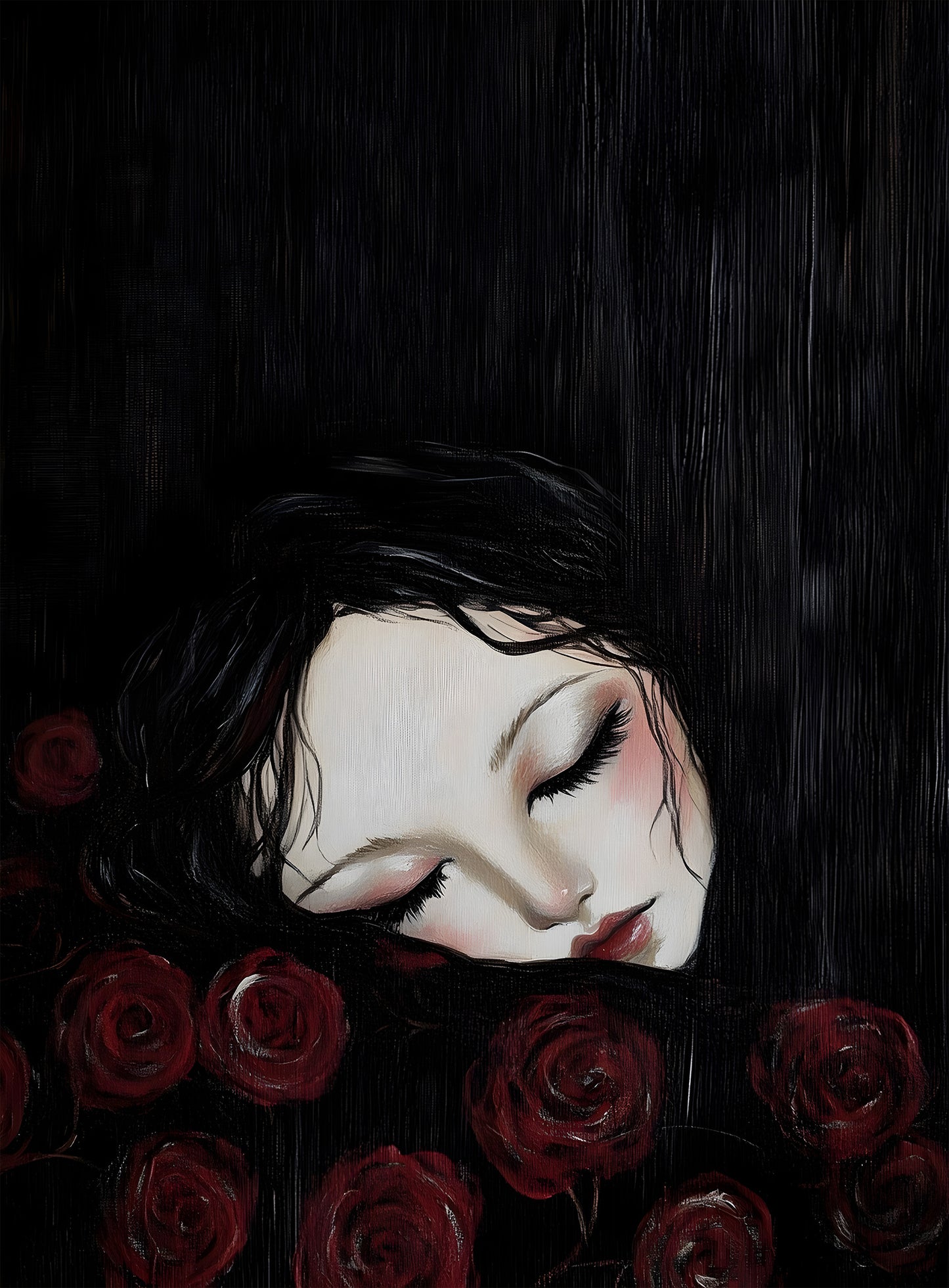Sleeping Woman with Roses Art Print, Dark Feminine Portrait, Gothic Romance Wall Decor, Dreamy Moody Illustration, Digital Download