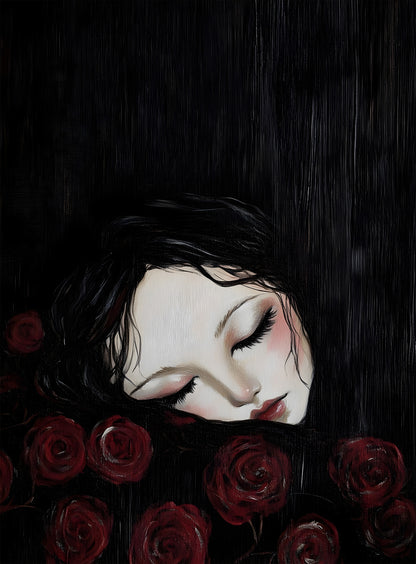 Sleeping Woman with Roses Art Print, Dark Feminine Portrait, Gothic Romance Wall Decor, Dreamy Moody Illustration, Digital Download