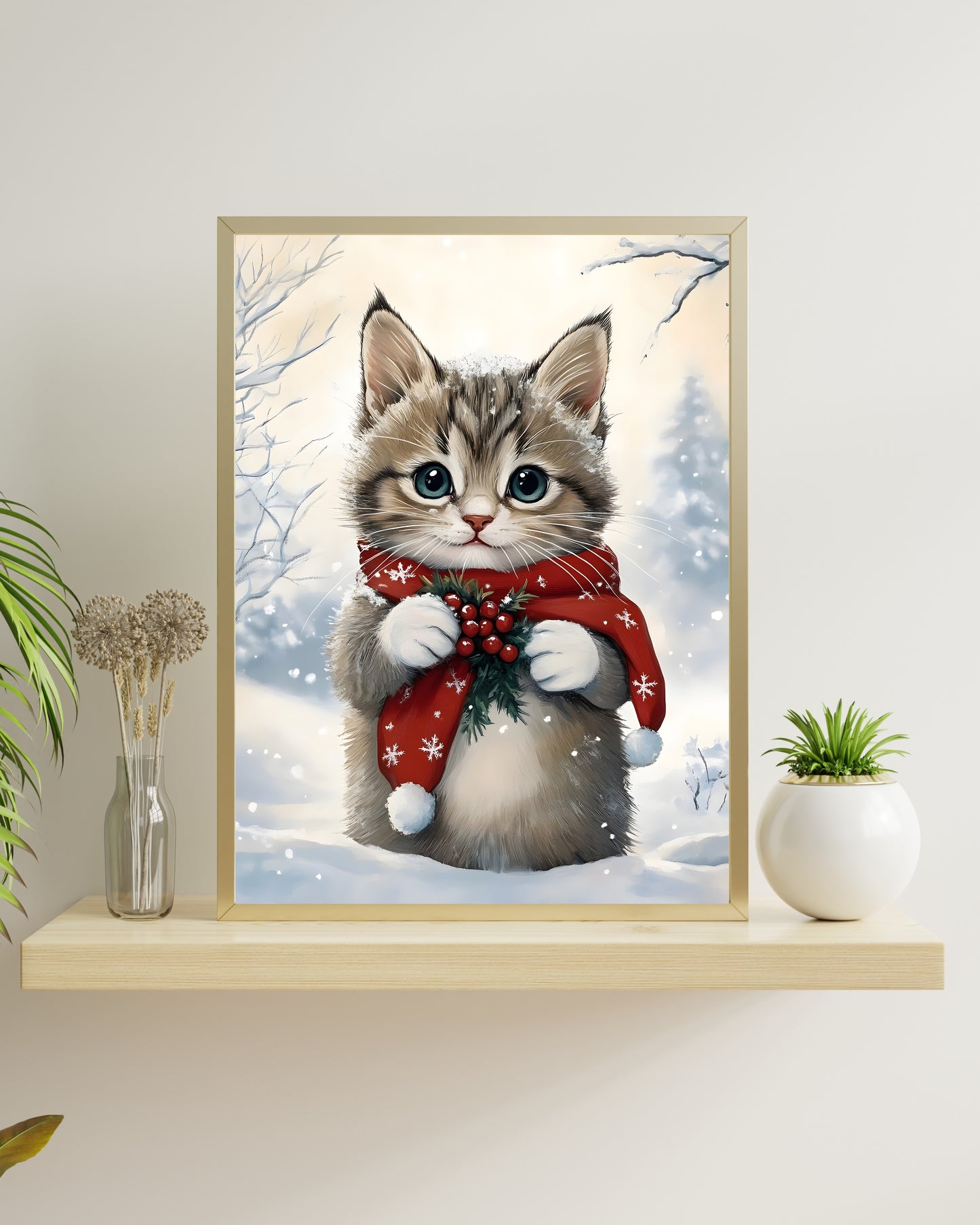 Christmas Kitten Wall Art | Cute Cat in Scarf Winter Scene Print | Festive Holiday & Nursery Decor | Digital Download