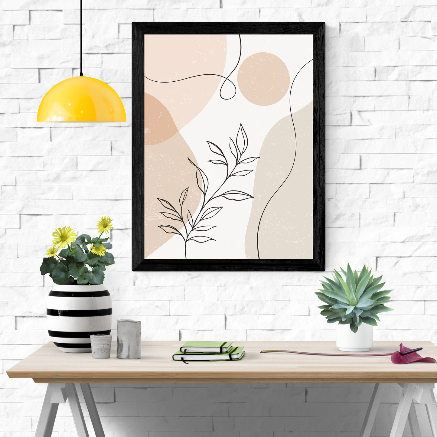 Boho Botanical Print, Minimalist Line Art, Abstract Shapes Wall Art, Blush Pink and Beige Decor, Plant Line Drawing, Printable Art, Digital Download