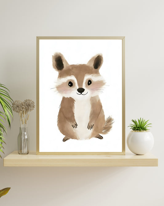A cute watercolor painting of a friendly baby raccoon with big eyes and a blush, designed for a woodland themed nursery wall art print.

